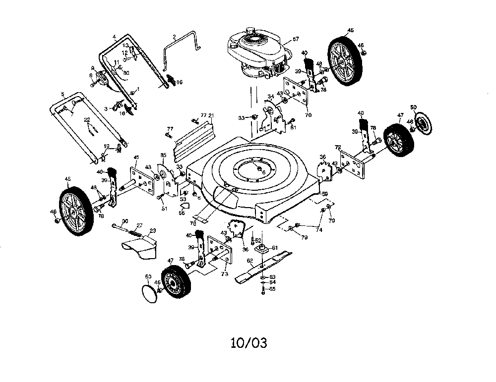 Engine/housing/wheels/handle Diagram and Parts List for WE5T22SH4D  Weed Eater Lawn Mower